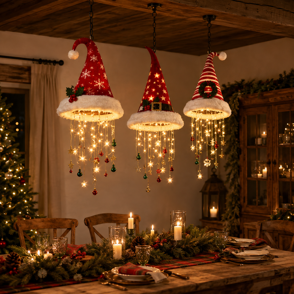Metal star, bell and gift ornaments on fine strings