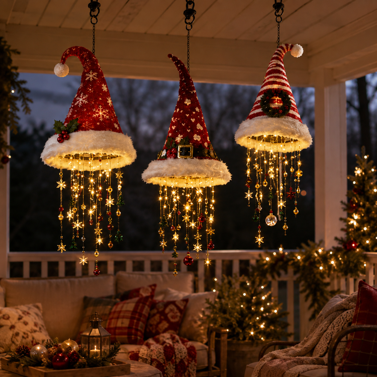 Santa hats as a festive living room chandelier display