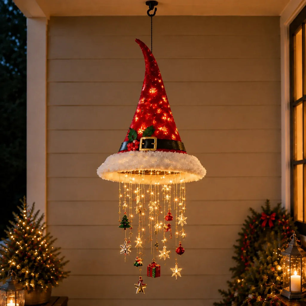 Belted red Santa hat with glowing LEDs and hanging ornaments