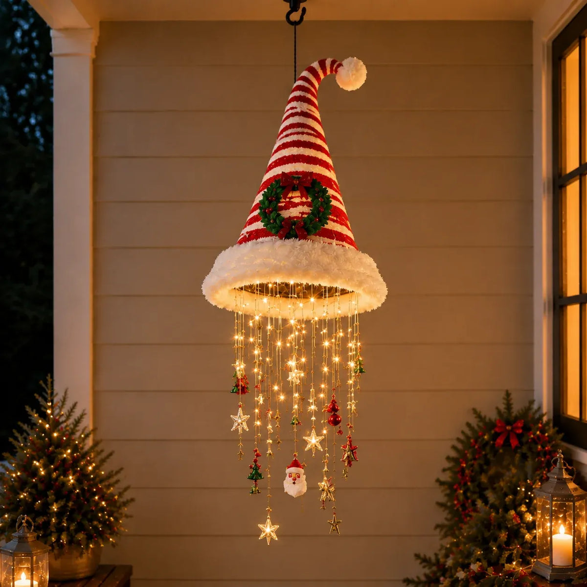 Candy cane striped Santa hat with wreath and cascading strings