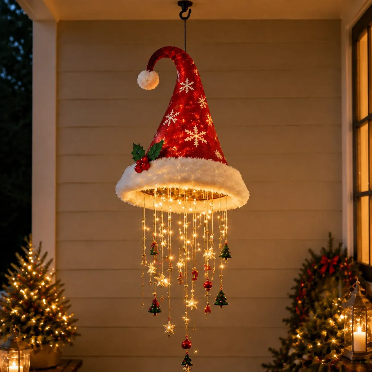 Classic snowflake Santa hat with holly and warm white glow