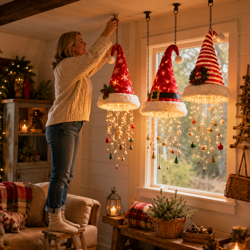 Woman hanging a Santa hat decoration from a ceiling hook