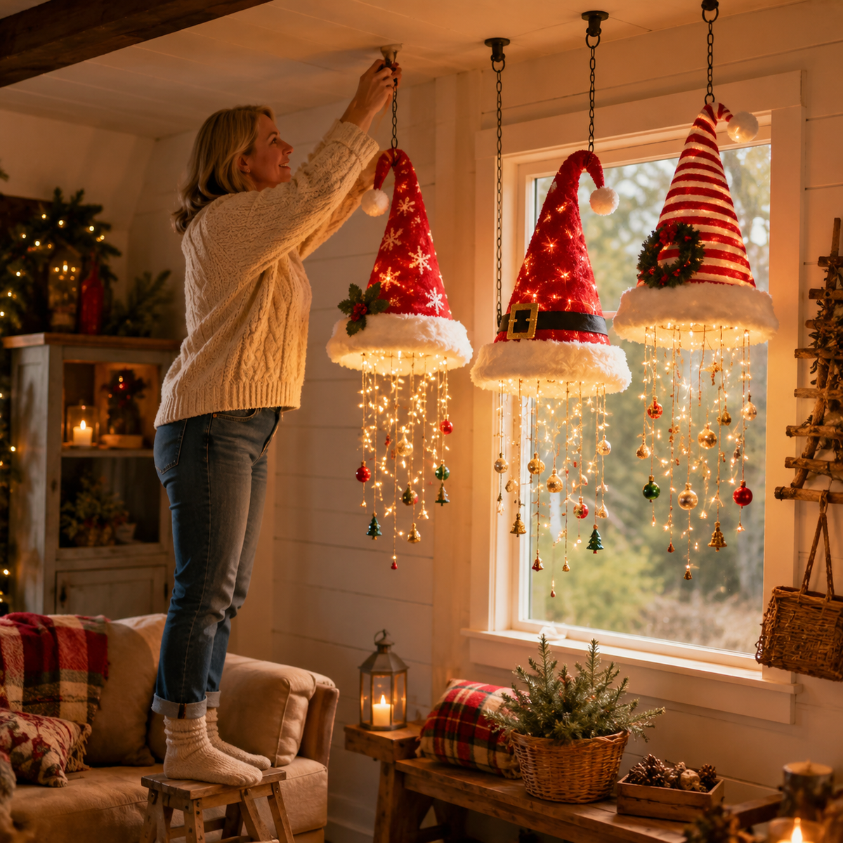 Woman hanging a Santa hat decoration from a ceiling hook