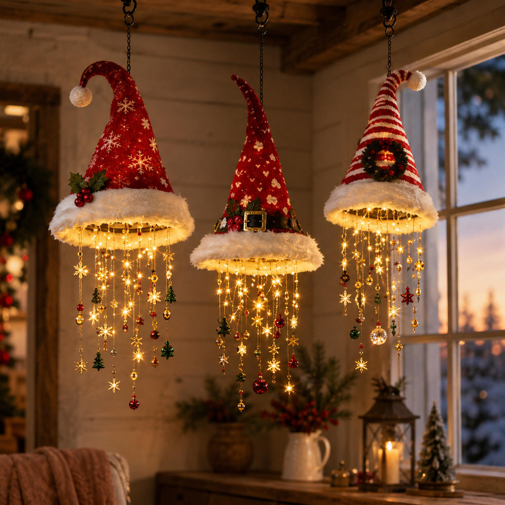 Three Santa hat styles glowing beside a winter window