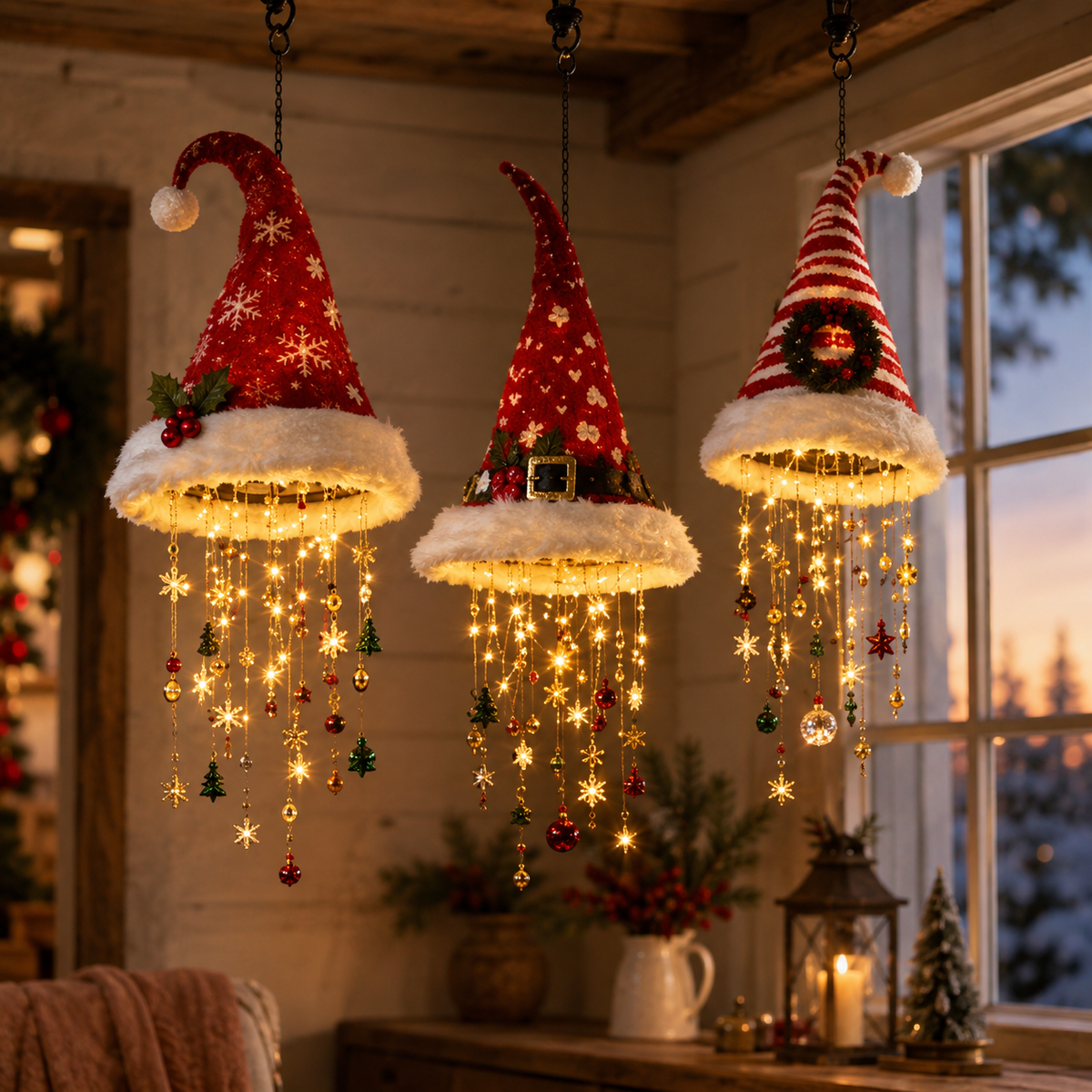 Three Santa hat styles glowing beside a winter window