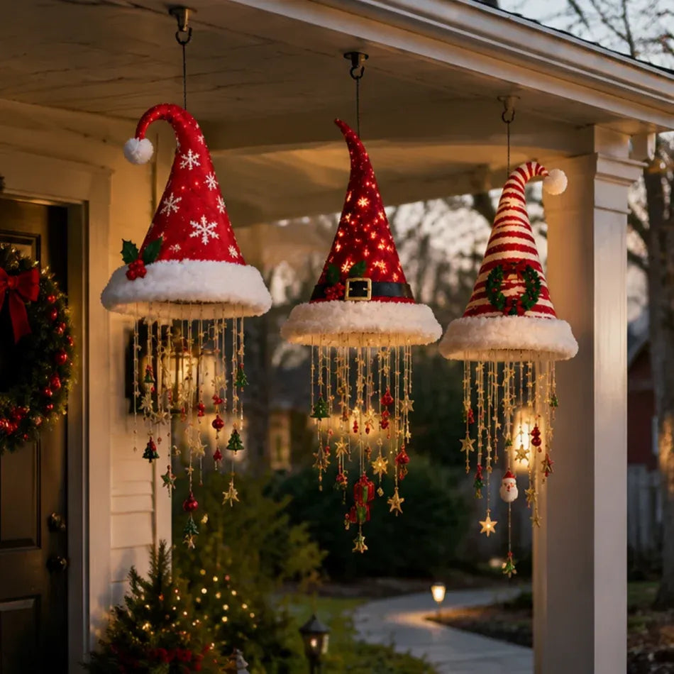 Santa hat chandelier ceiling light glowing above a holiday room