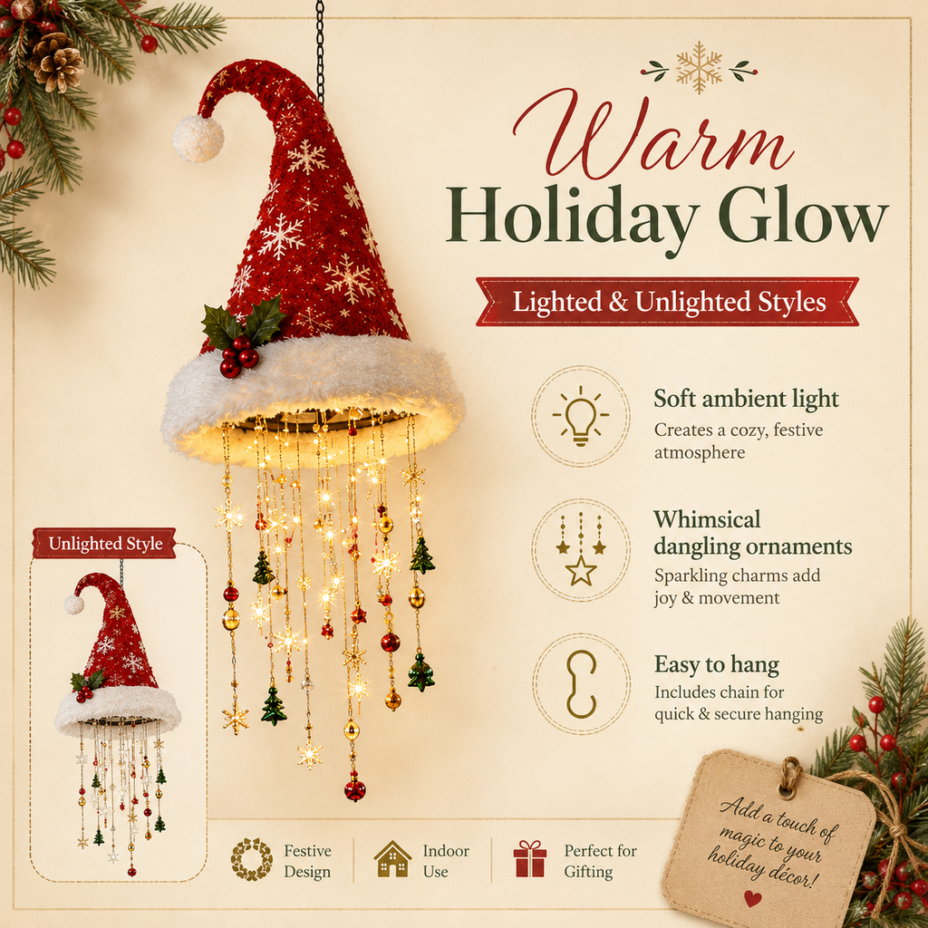 Lighted Santa hat with metal star and tree ornaments
