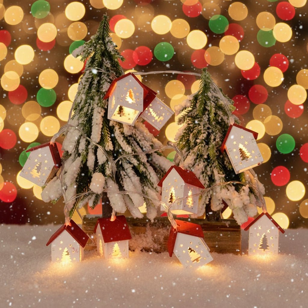 Christmas string lights draped over two snowy tabletop trees
