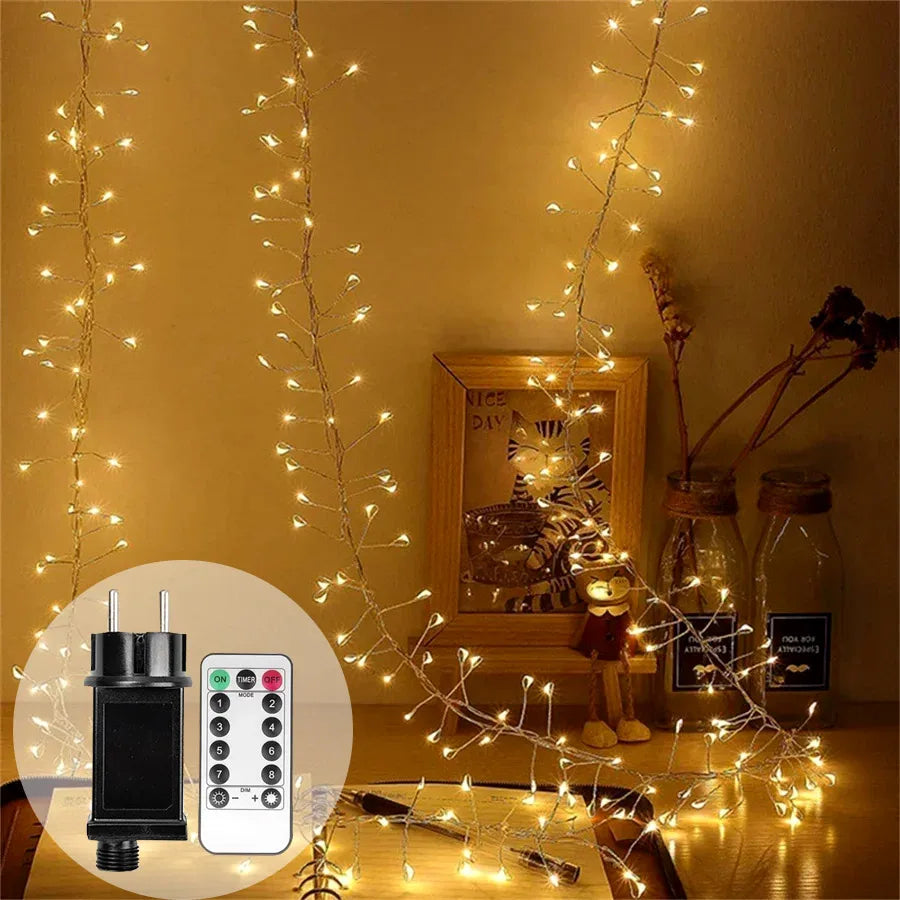 Cluster lights on a wall with remote control and power adapter