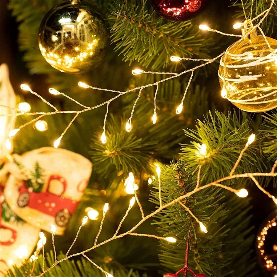 Christmas tree string lights with teardrop bulbs among ornaments