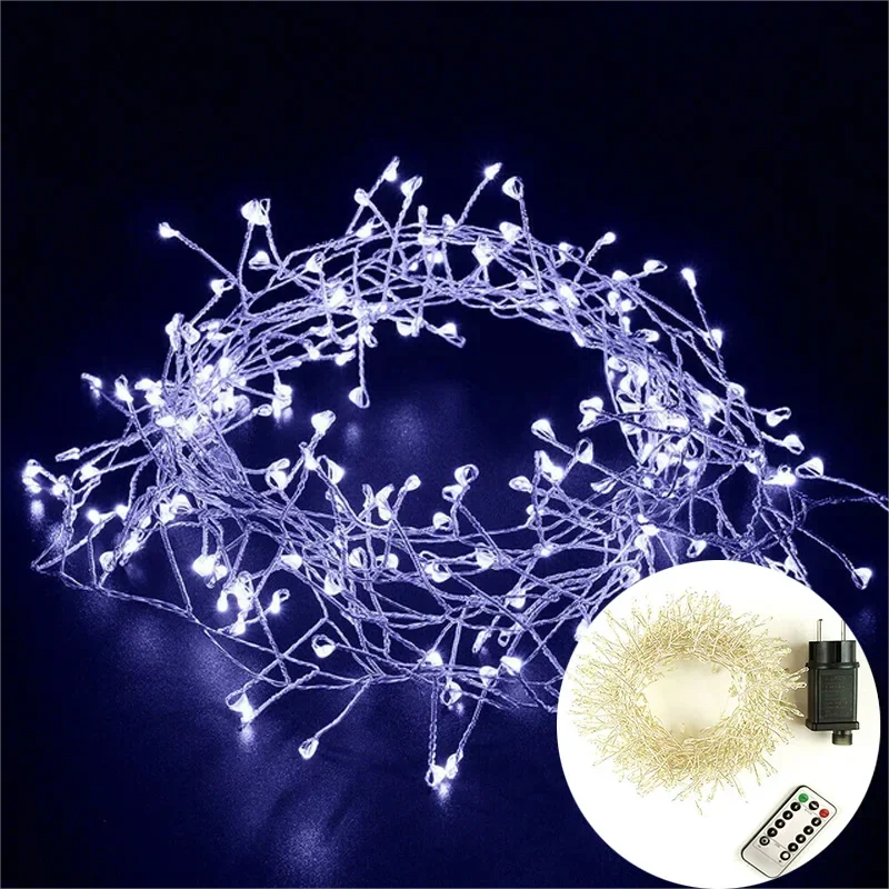 Coiled cluster string lights on a dark background with remote