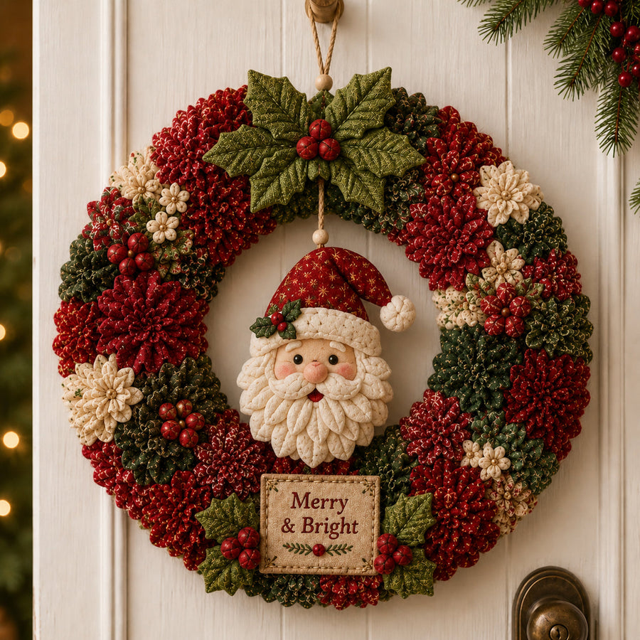Christmas wreath for door with Santa ornament and Merry & Bright sign