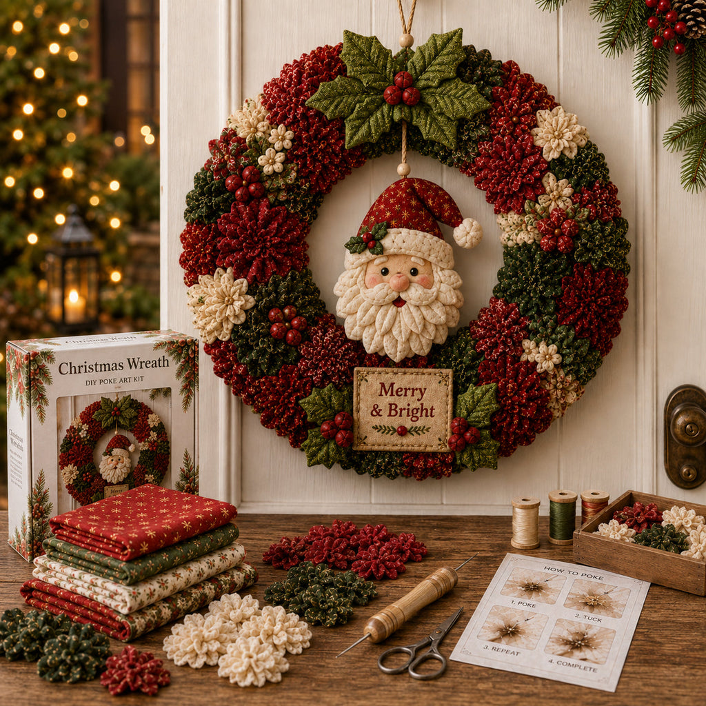 Christmas wreath hanging from a twine loop on a door