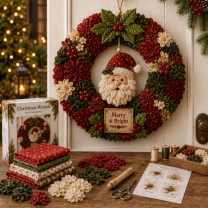 Farmhouse wreath with holiday greeting sign below the ornament