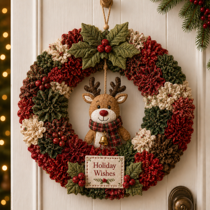 Holiday character ornament hanging in the center of a wreath