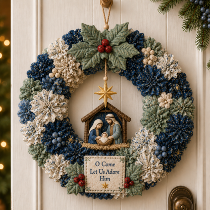Farmhouse wreath with mixed floral textures and holly