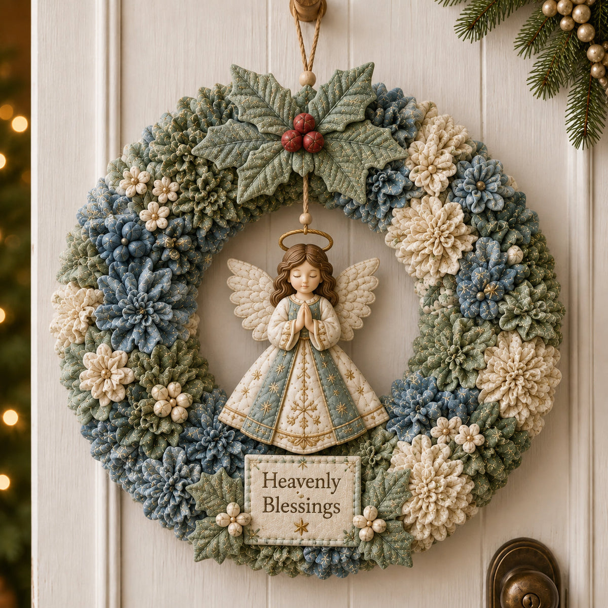 Sage and blue wreath with angel ornament and Heavenly Blessings sign