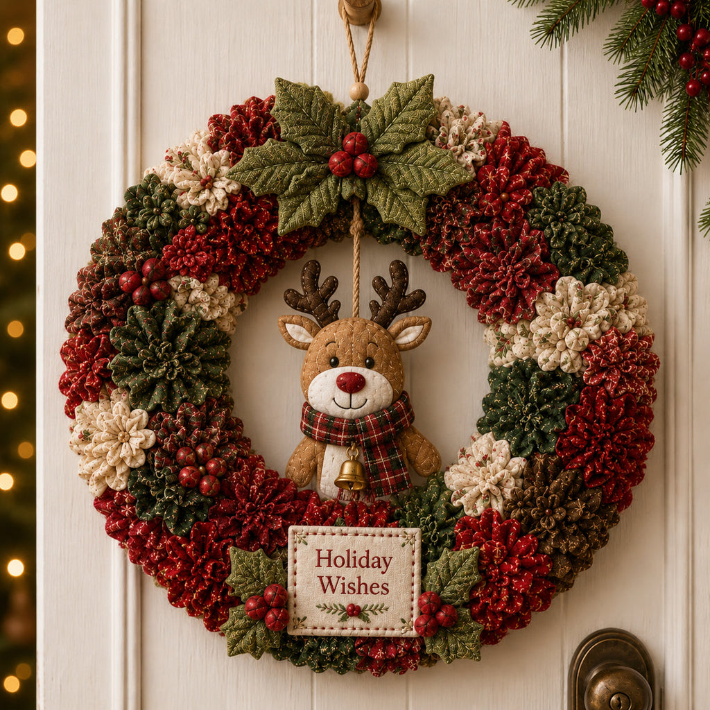 Red and green wreath with reindeer ornament and Holiday Wishes sign