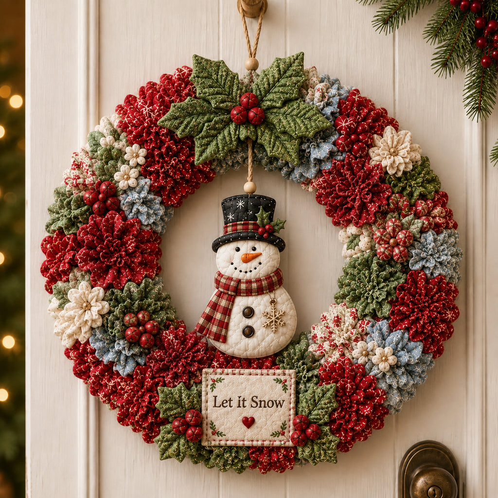 Farmhouse wreath with snowman ornament and Let It Snow sign