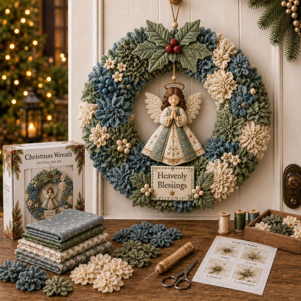 Heavenly Blessings angel wreath on a door beside craft supplies