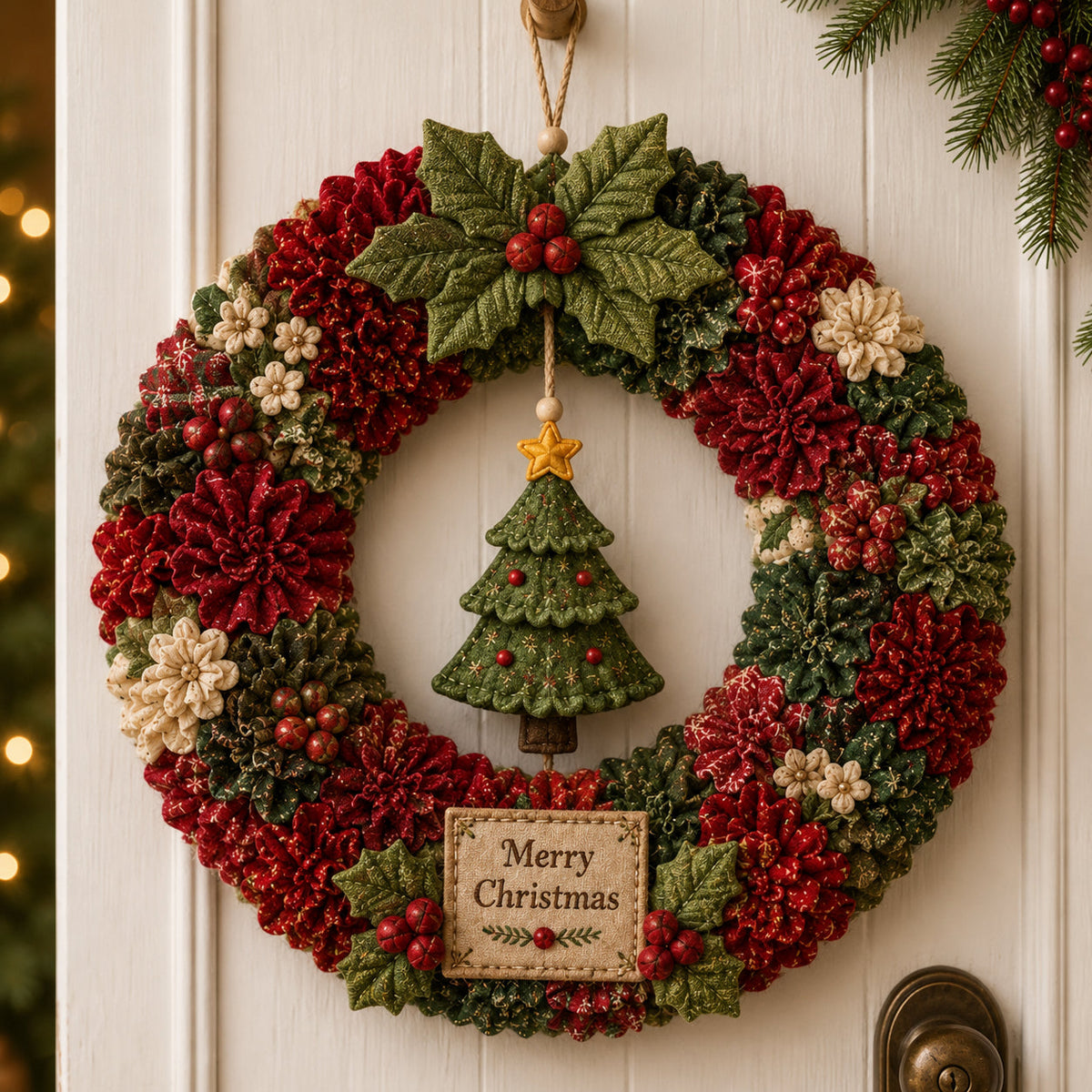 Wreath for door with Christmas tree ornament and Merry Christmas sign