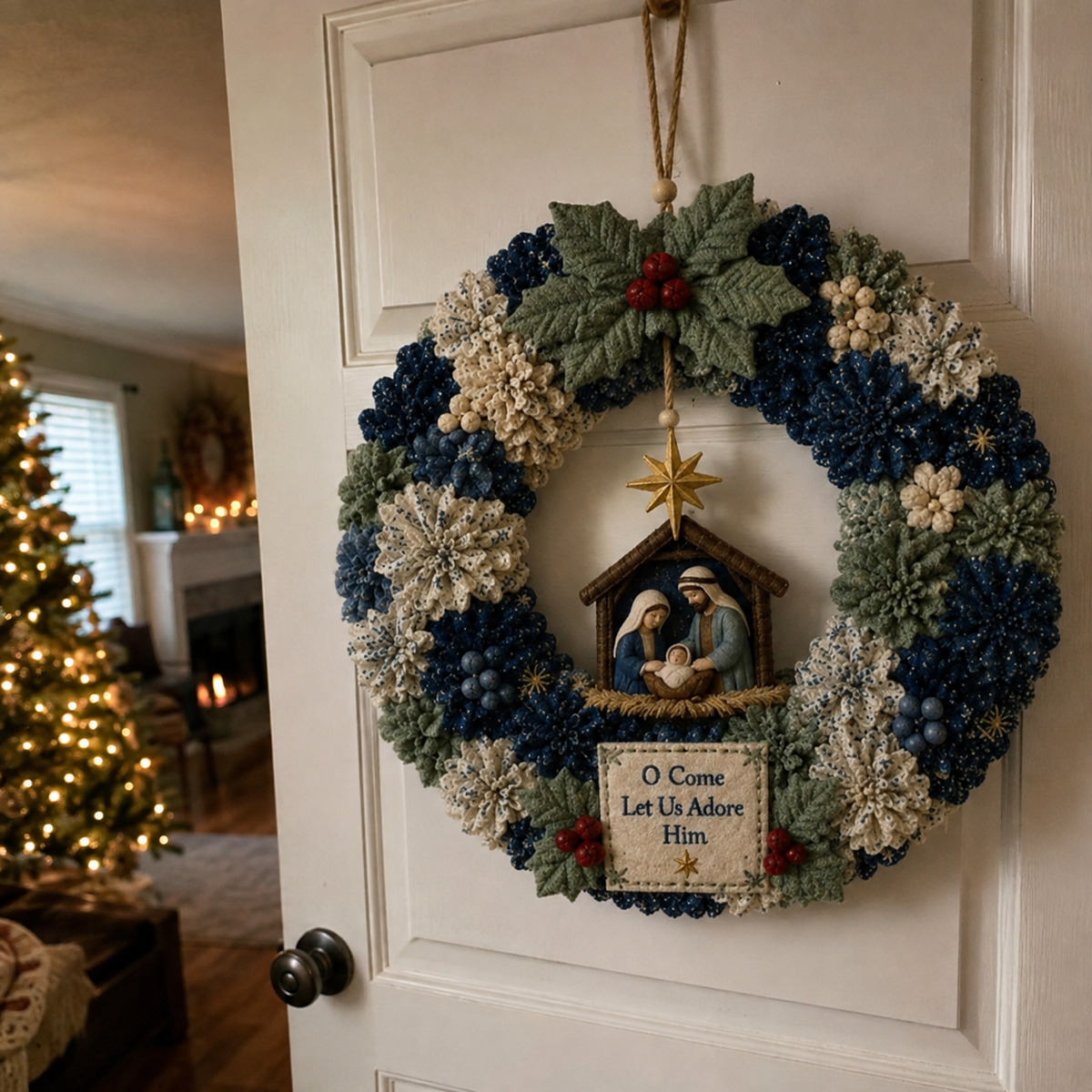 Textured Christmas wreath with holly leaves and red berries