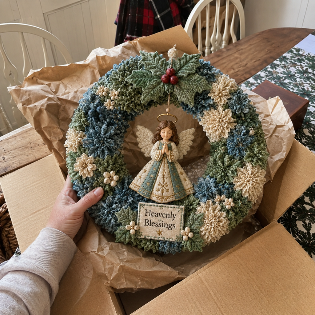 Holiday wreath with interchangeable character ornament on white door