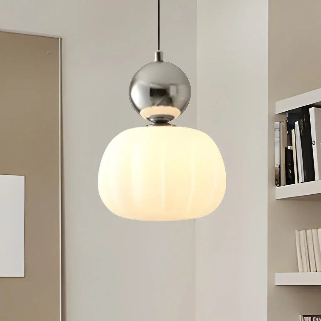 Chrome Silver hanging ceiling lamp with ribbed frosted shade