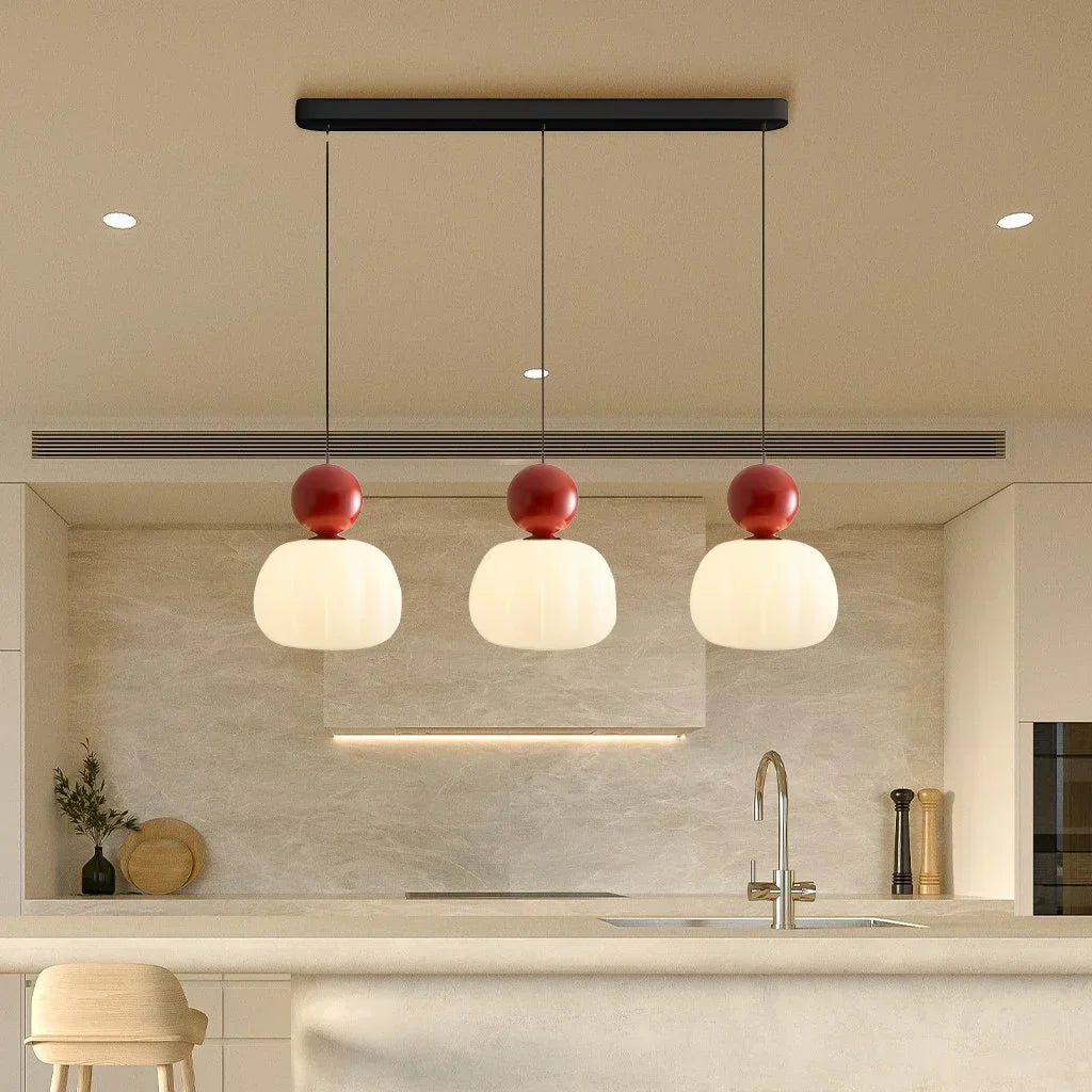 Cream hanging ceiling lamp in a quiet bedroom corner