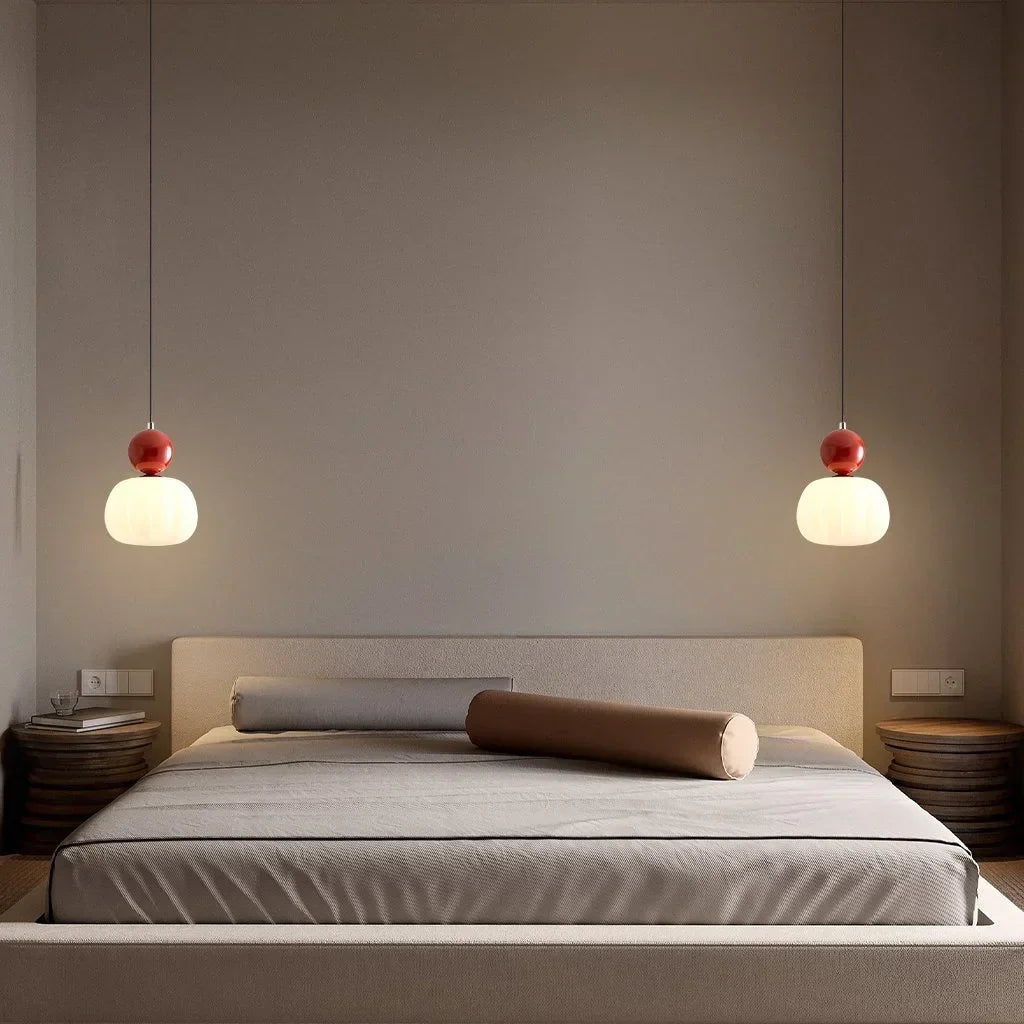 Cherry Red pendants on both sides of a bed, ceiling lamps for bedroom