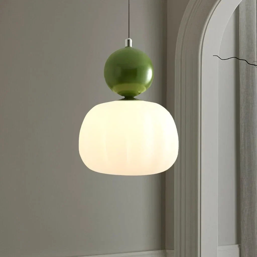Olive Green hanging ceiling lamp with frosted ribbed shade