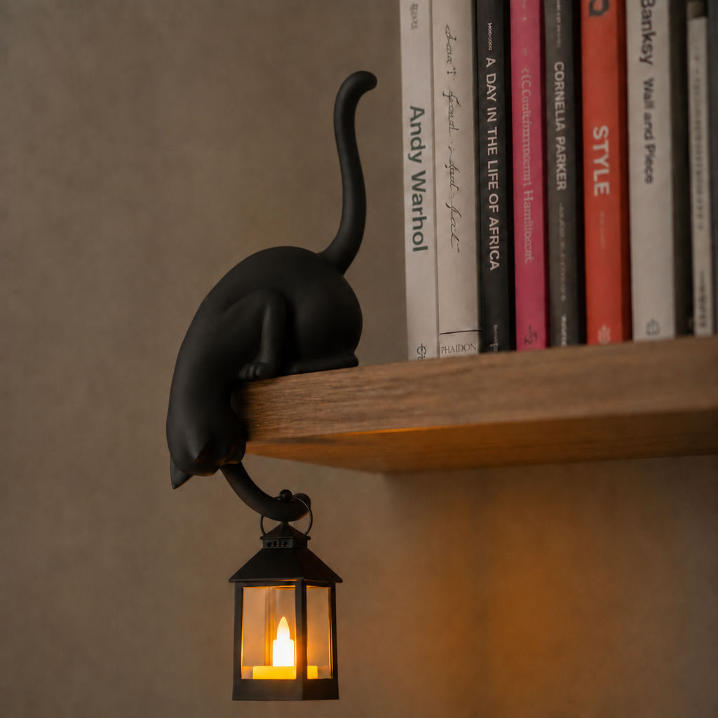 Black cat LED night light holding lantern below a bookshelf