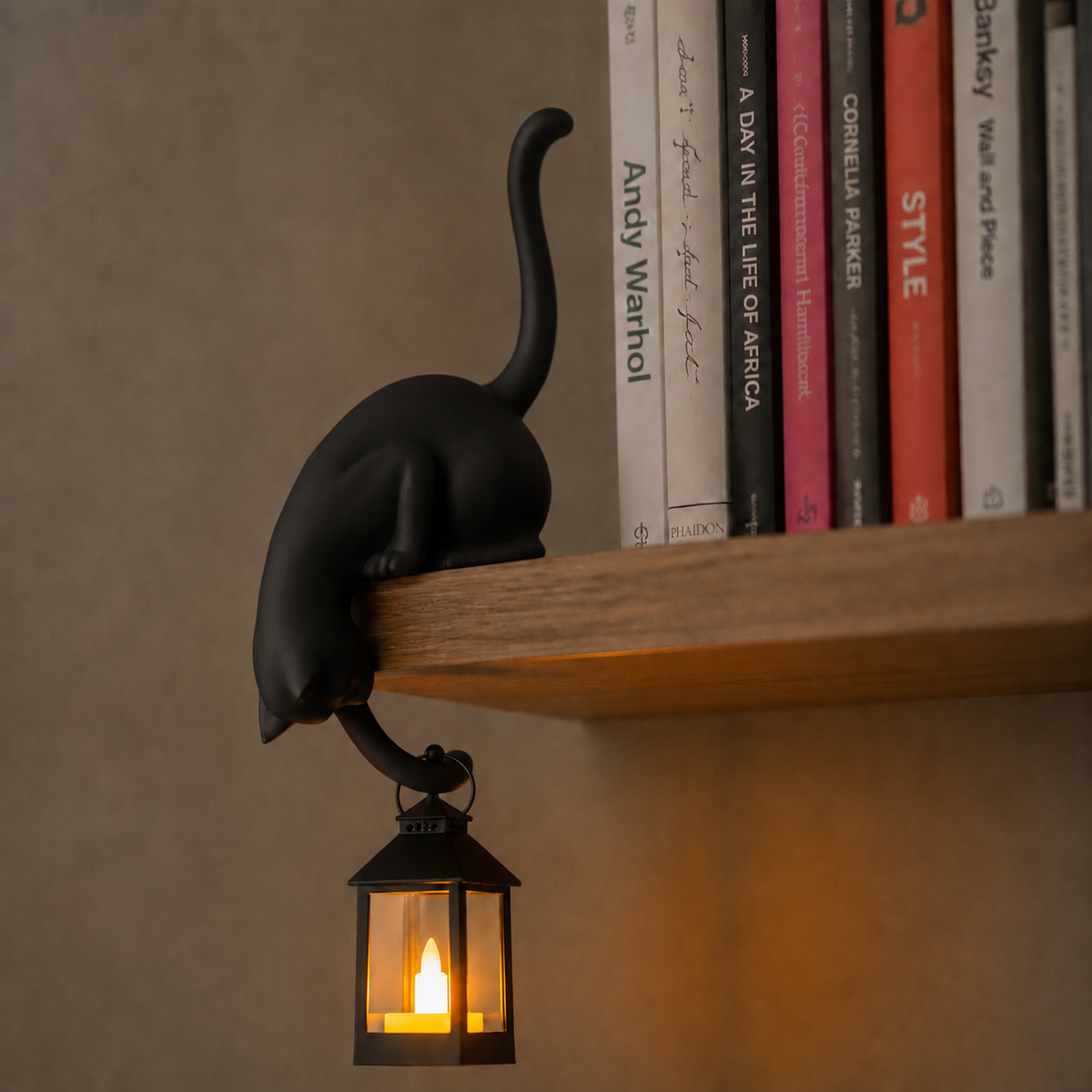 Black cat LED night light holding lantern below a bookshelf