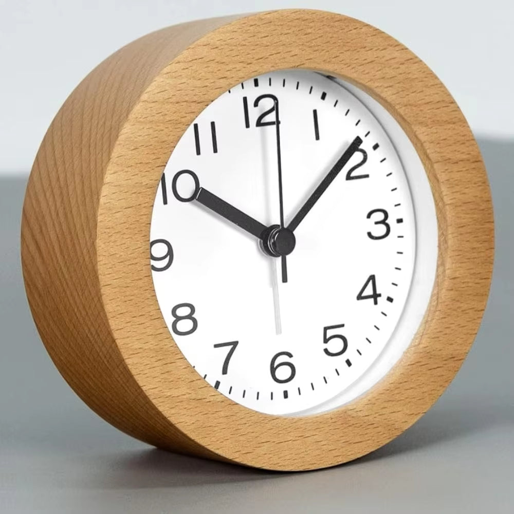 Round analog alarm clock in natural beech wood