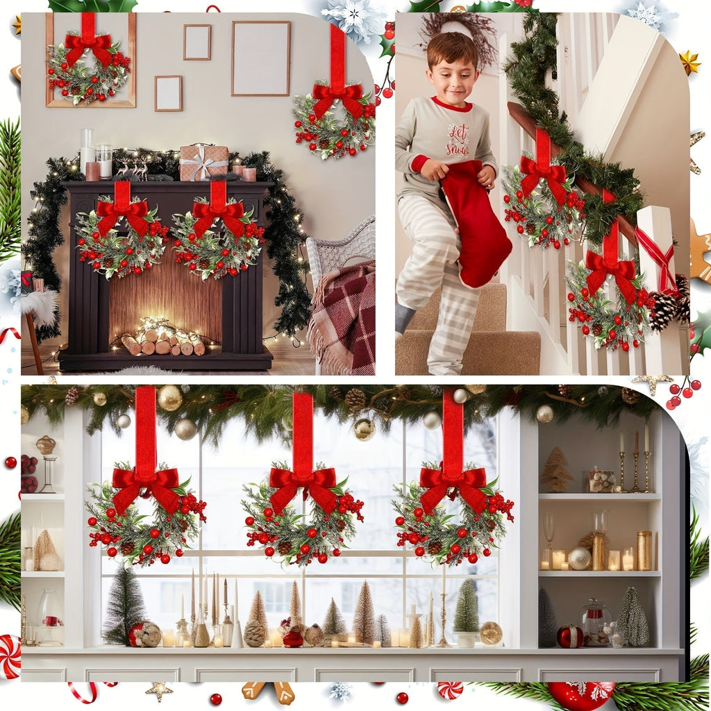 Set of 6 mini Christmas window wreaths with red bows