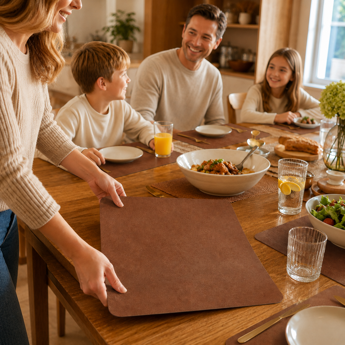 Wipe-clean faux leather placemats with dinner plates