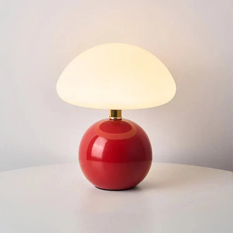 Small mushroom lamp in a calm, softly lit bedroom