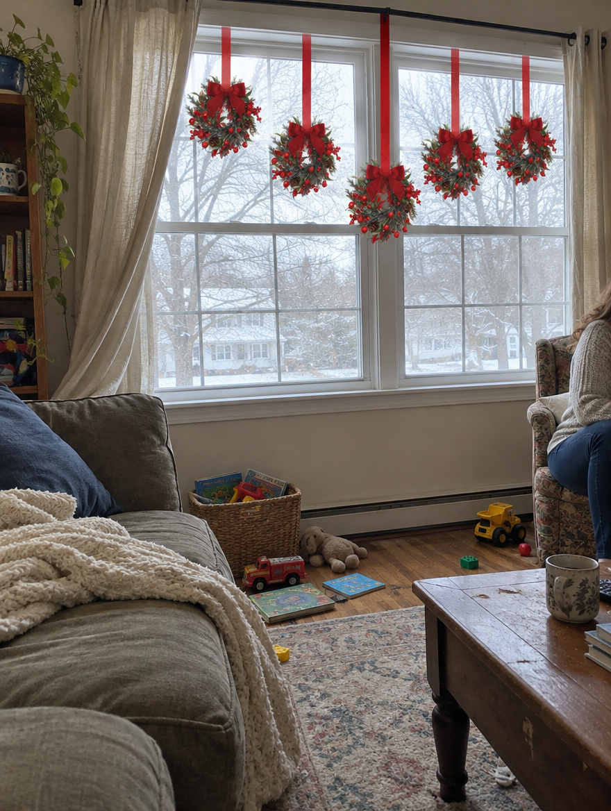 Mini Christmas wreaths in an AI-created everyday home styling scene