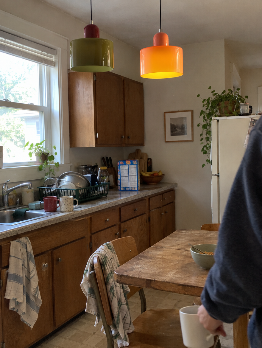 Colored glass pendant in an AI-created everyday home styling scene