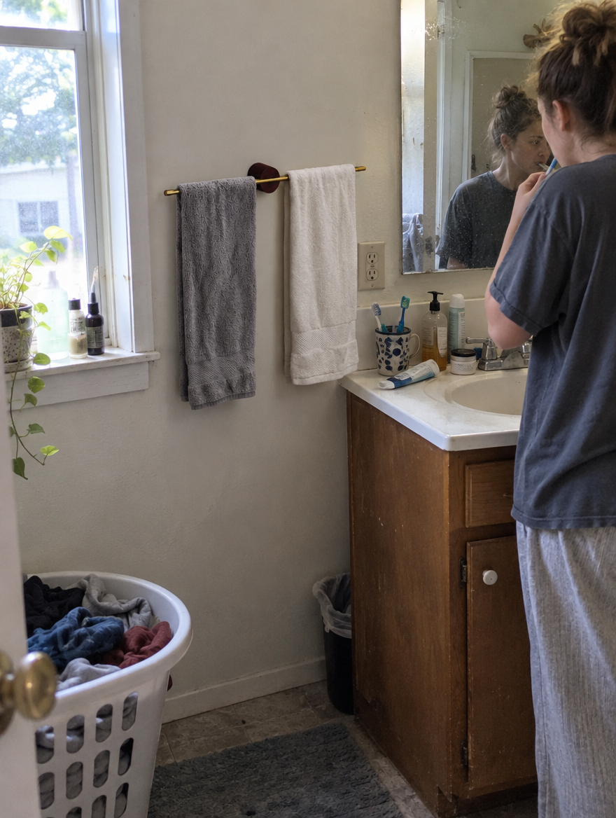 Towel holder in an AI-created everyday home styling scene