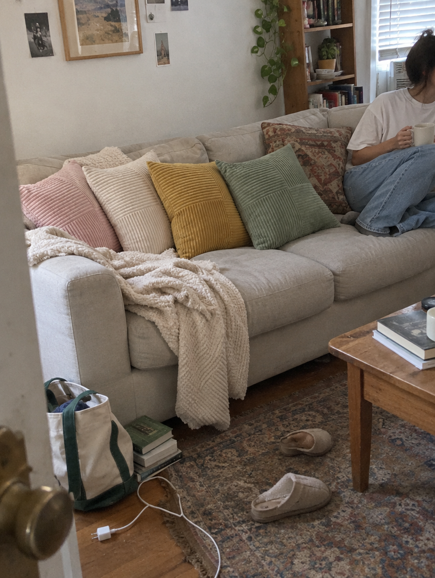 Plush pillow cover in an AI-created everyday home styling scene
