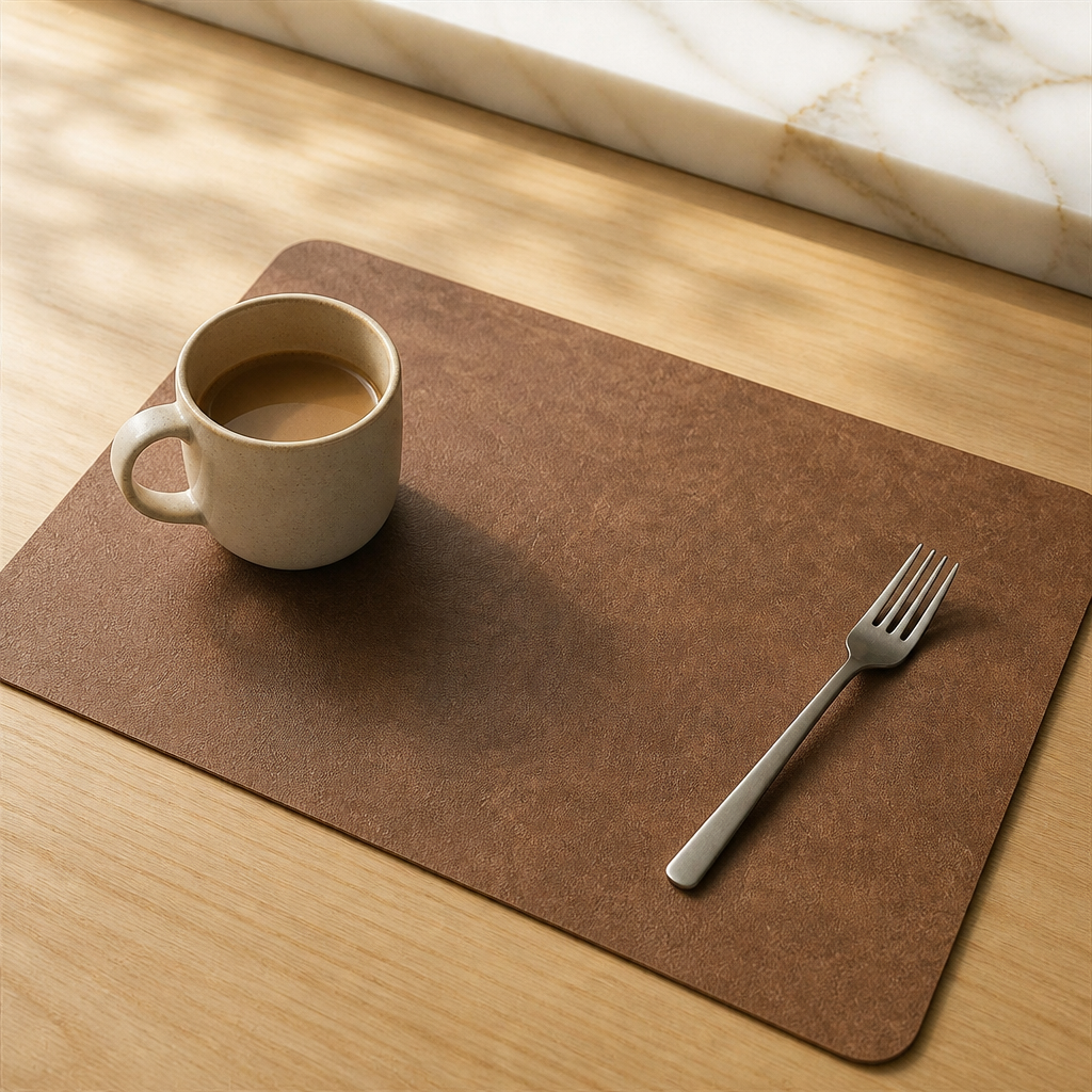 Faux leather placemats laid out for a family dinner