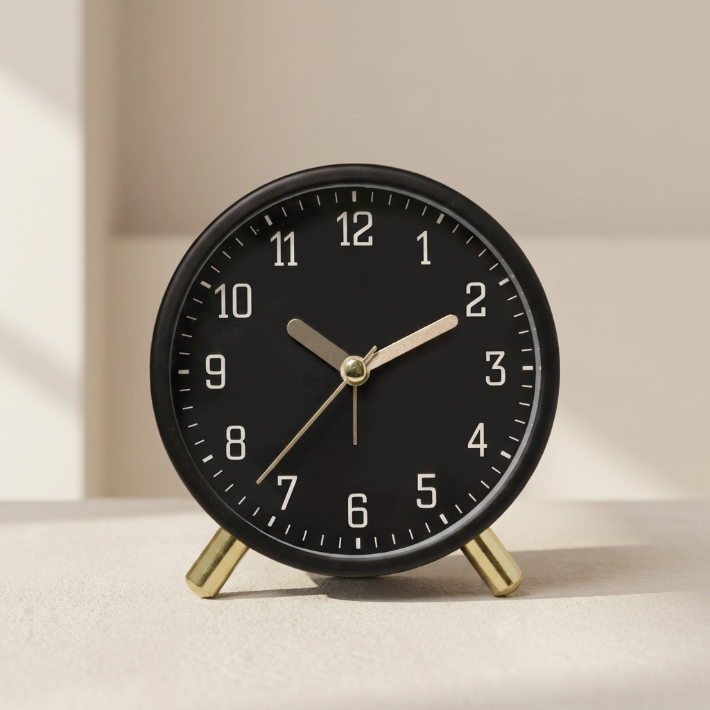 Matte black table clock with white numerals on a stone surface
