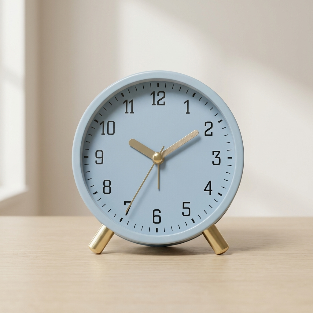 Dusty blue silent table clock on a light wood surface