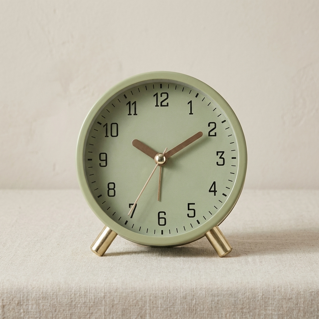 Sage green Scandinavian table clock on a natural linen tablecloth