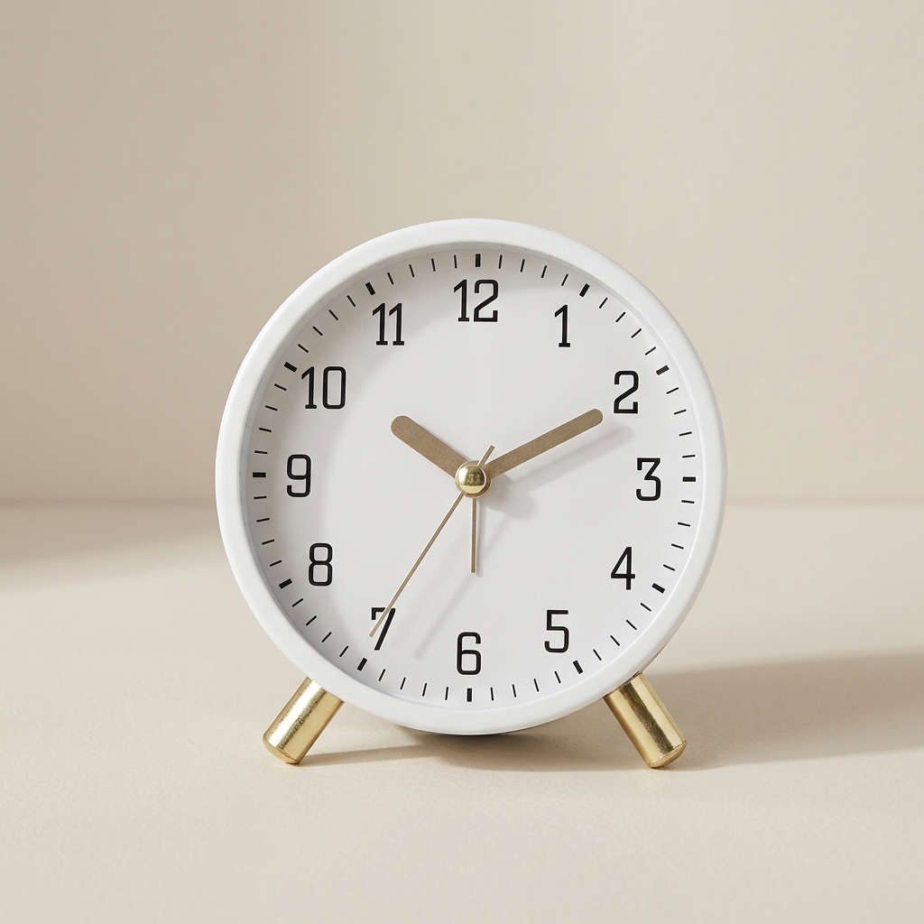 White minimalist table clock with gold-tone legs and hands