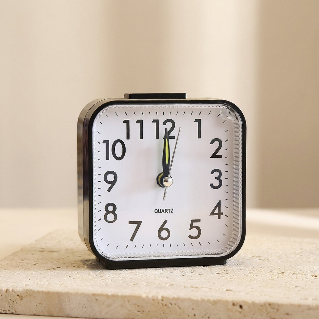 Black silent alarm clock on a stone tray