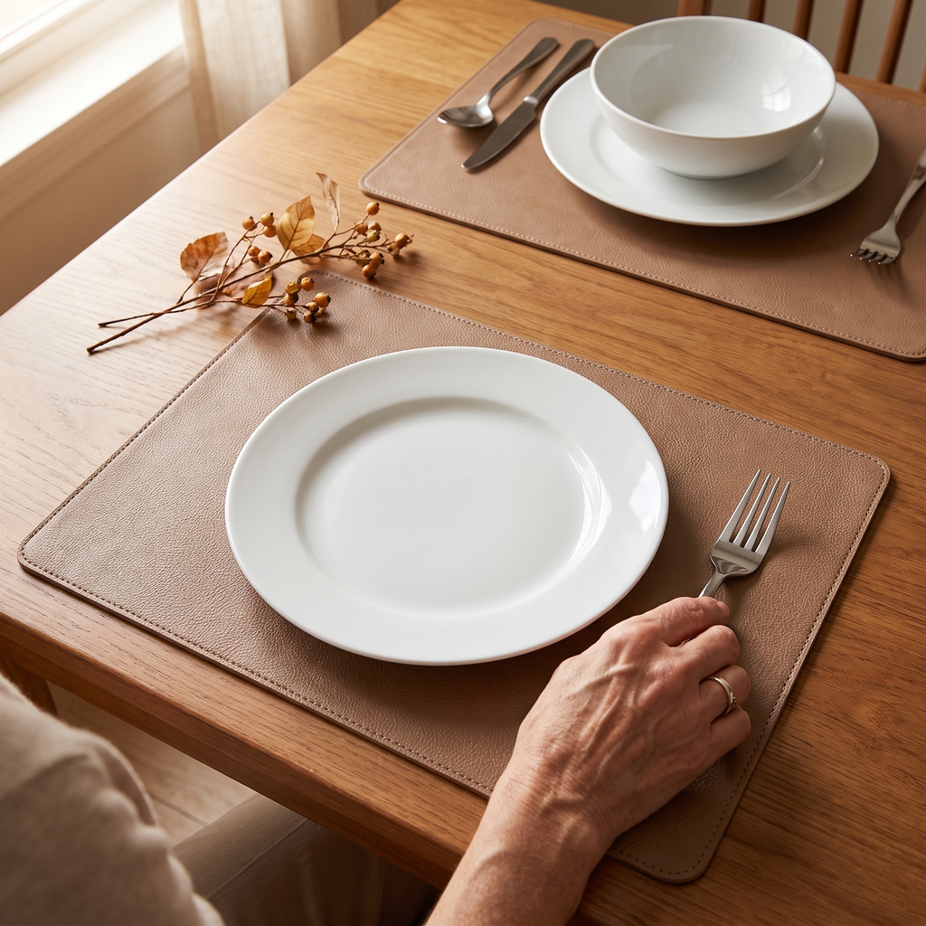 Light coffee faux leather placemats on a wood dining table