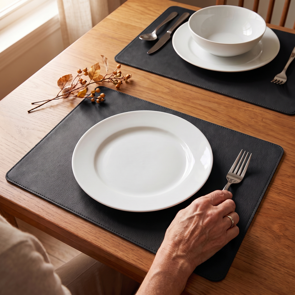 Black faux leather placemats with white dinnerware on wood table