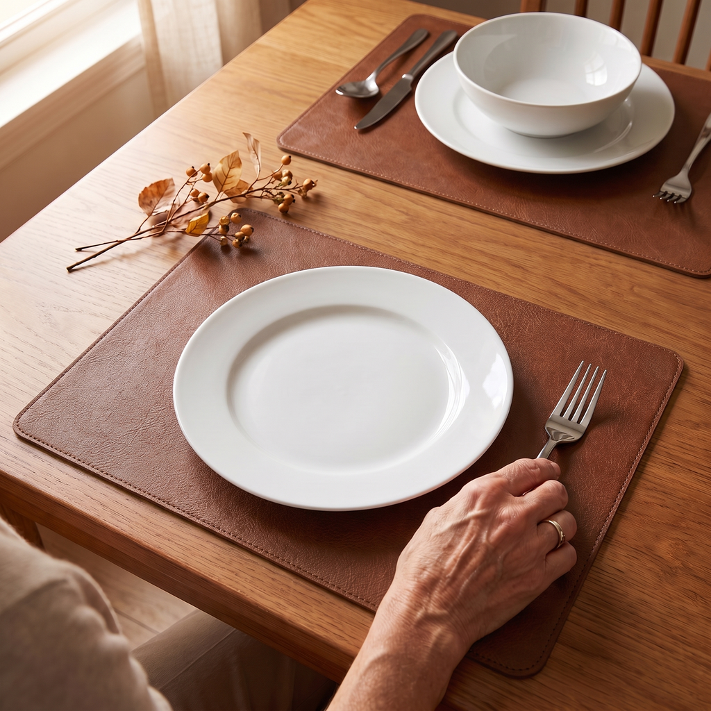 Brown faux leather placemats with white plates and cutlery
